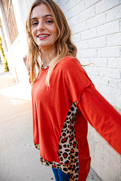 Rust Animal Print Out Seam Hacci Hi Lo Pullover