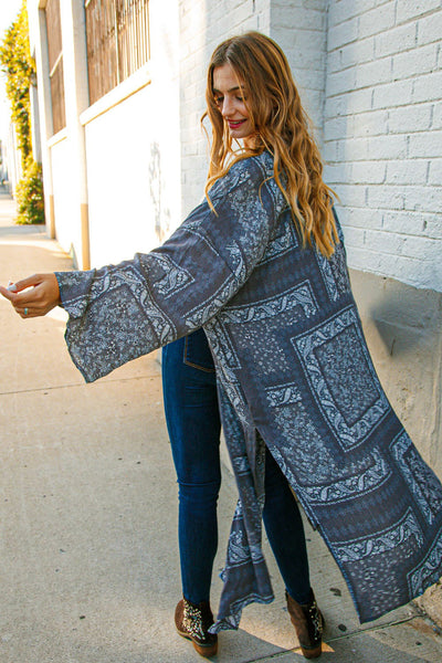 Charcoal Grey Cotton Blend Boho Patchwork Open Kimono