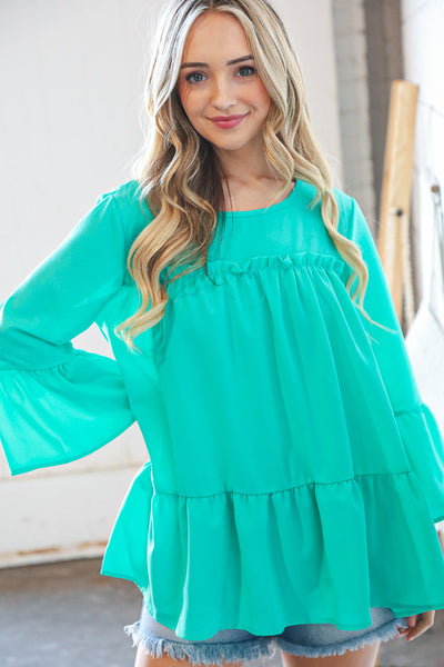 Mint Round Neck Frill Detail Crepe Blouse