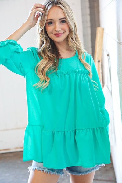 Mint Round Neck Frill Detail Crepe Blouse