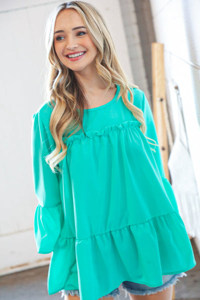 Mint Round Neck Frill Detail Crepe Blouse