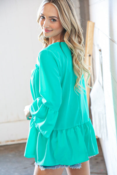 Mint Round Neck Frill Detail Crepe Blouse