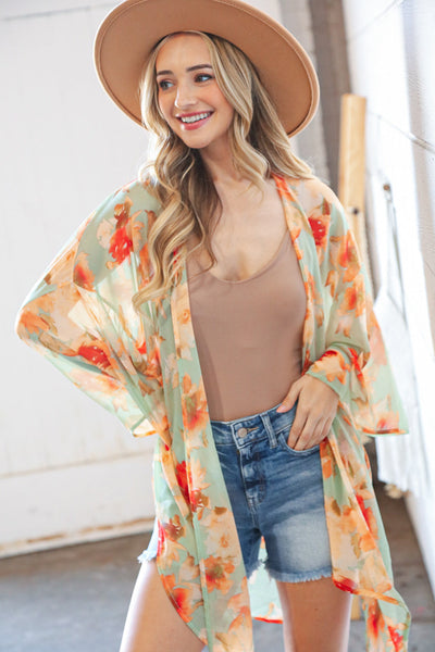 Mint Floral Print Chiffon Cover Up Kimono