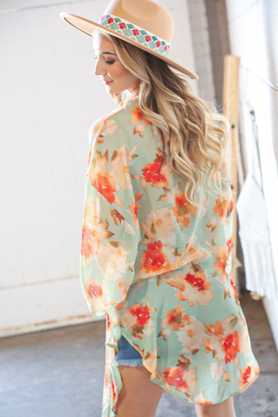 Mint Floral Print Chiffon Cover Up Kimono