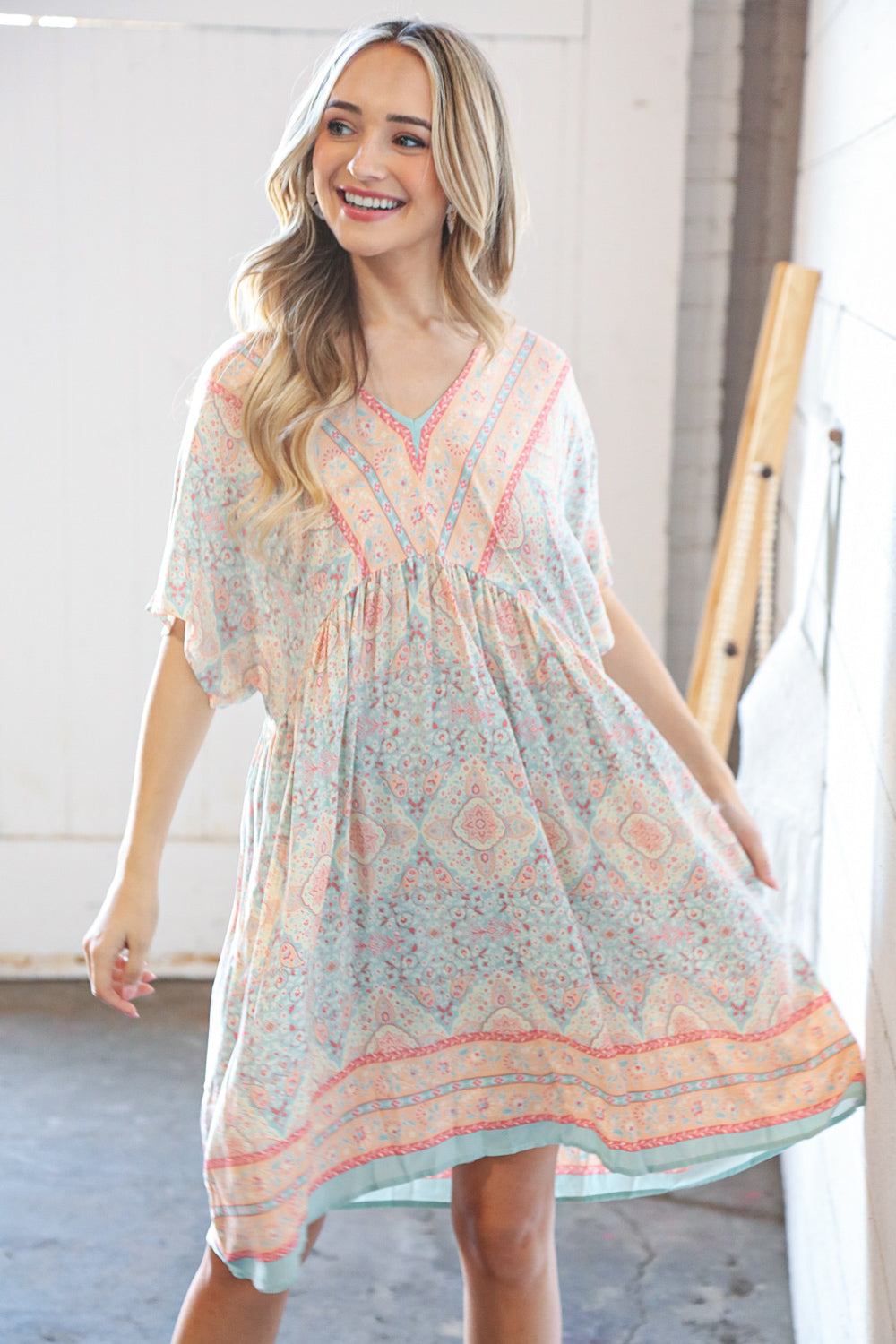 Light Blue & Peach Boho Paisley Woven Pocketed Dress