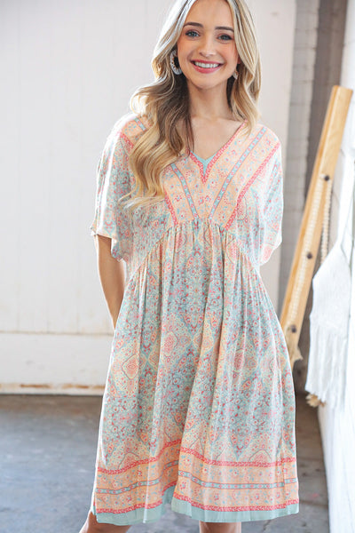 Light Blue & Peach Boho Paisley Woven Pocketed Dress