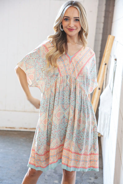 Light Blue & Peach Boho Paisley Woven Pocketed Dress