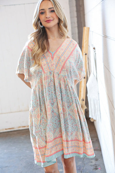 Light Blue & Peach Boho Paisley Woven Pocketed Dress