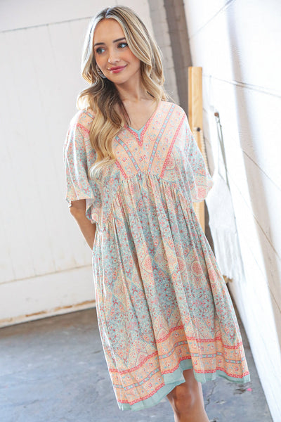 Light Blue & Peach Boho Paisley Woven Pocketed Dress