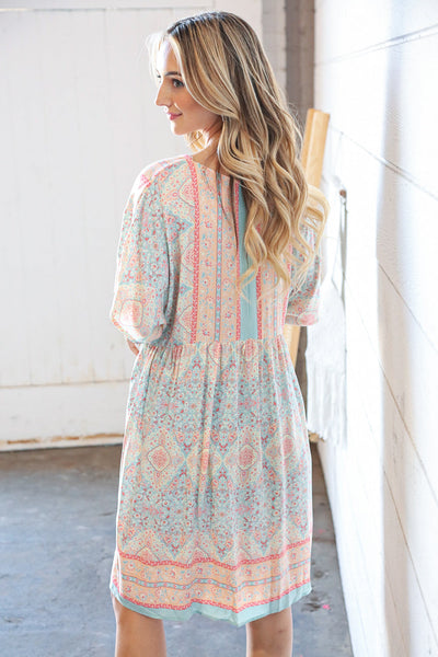 Light Blue & Peach Boho Paisley Woven Pocketed Dress