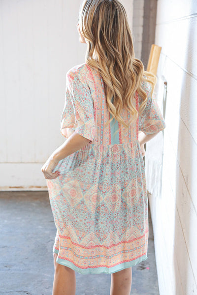 Light Blue & Peach Boho Paisley Woven Pocketed Dress