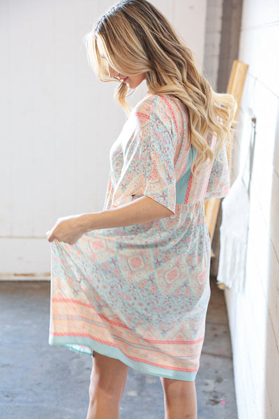 Light Blue & Peach Boho Paisley Woven Pocketed Dress