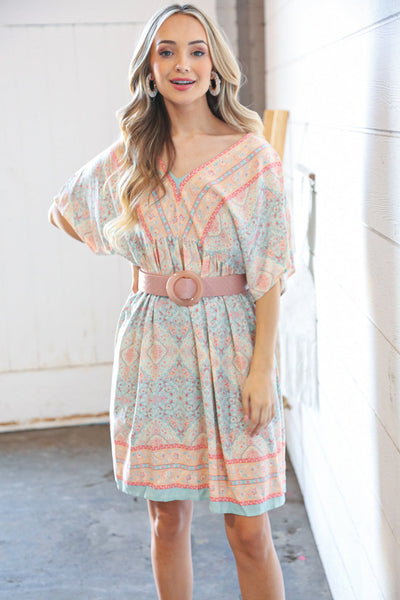 Light Blue & Peach Boho Paisley Woven Pocketed Dress