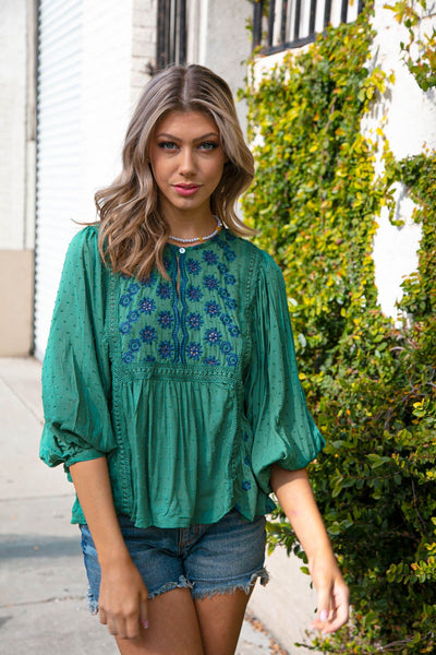 Green Boho Crochet Lace Eyelet Swiss Dot Top