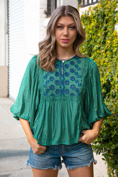 Green Boho Crochet Lace Eyelet Swiss Dot Top