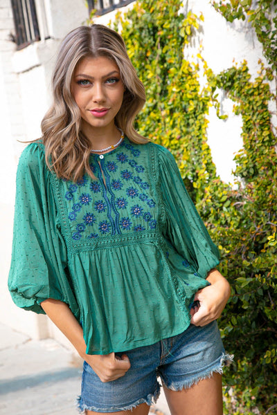 Green Boho Crochet Lace Eyelet Swiss Dot Top