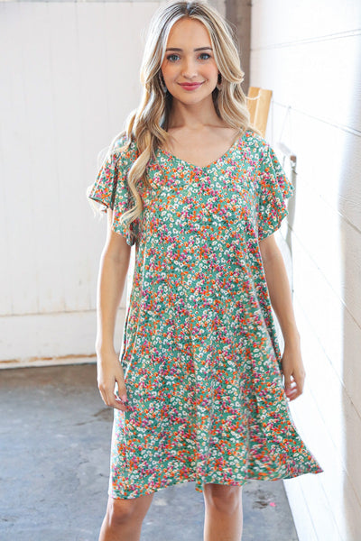 Sage Floral Print V Neck Flutter Sleeve Shift Dress