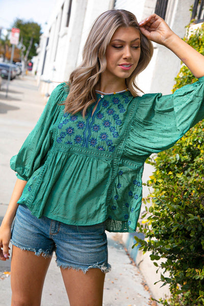 Green Boho Crochet Lace Eyelet Swiss Dot Top