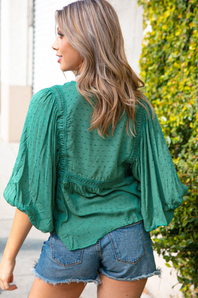 Green Boho Crochet Lace Eyelet Swiss Dot Top