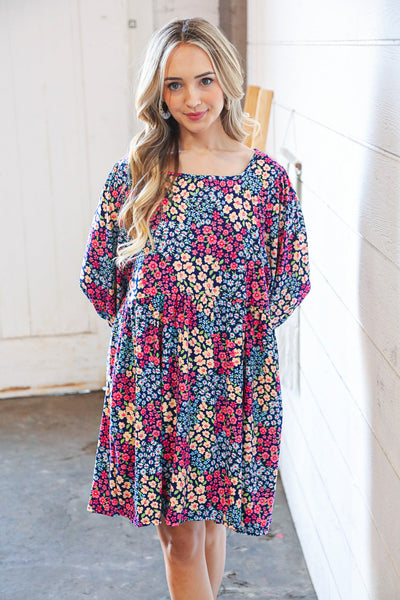 Navy Floral Print Square Neck Bubble Sleeve Midi Dress