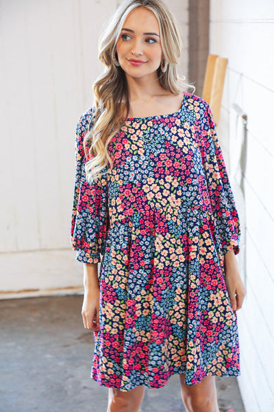 Navy Floral Print Square Neck Bubble Sleeve Midi Dress