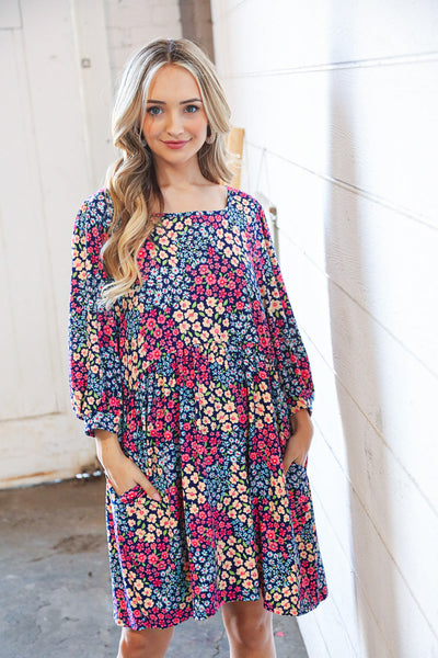 Navy Floral Print Square Neck Bubble Sleeve Midi Dress