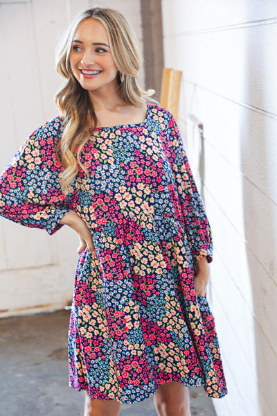 Navy Floral Print Square Neck Bubble Sleeve Midi Dress