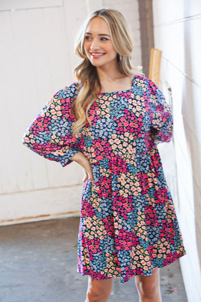 Navy Floral Print Square Neck Bubble Sleeve Midi Dress