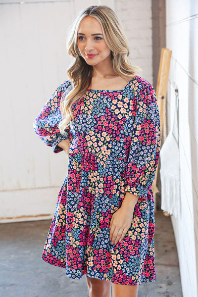 Navy Floral Print Square Neck Bubble Sleeve Midi Dress