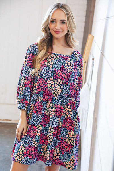 Navy Floral Print Square Neck Bubble Sleeve Midi Dress