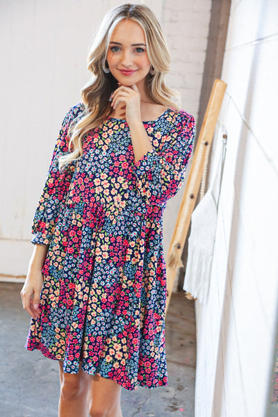 Navy Floral Print Square Neck Bubble Sleeve Midi Dress