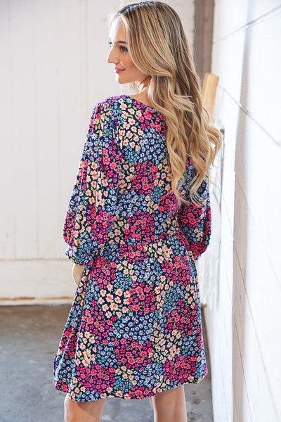 Navy Floral Print Square Neck Bubble Sleeve Midi Dress