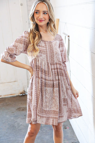 Beige Boho Floral & Paisley Back Lace-Up Sash Midi Dress