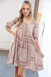 Beige Boho Floral & Paisley Back Lace-Up Sash Midi Dress