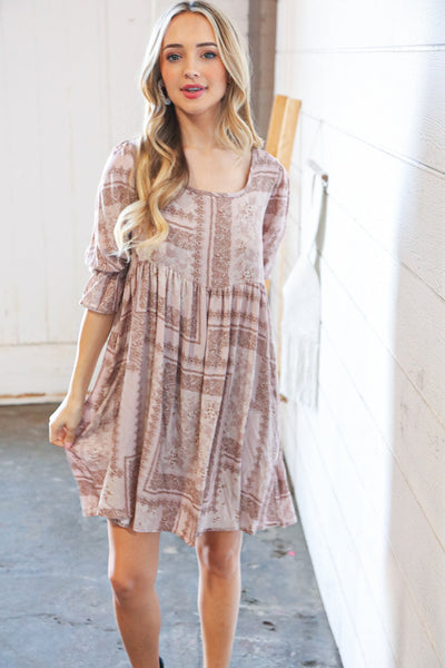 Beige Boho Floral & Paisley Back Lace-Up Sash Midi Dress