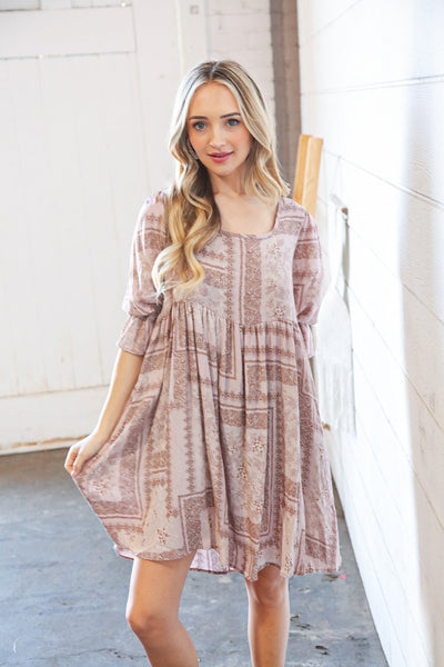 Beige Boho Floral & Paisley Back Lace-Up Sash Midi Dress