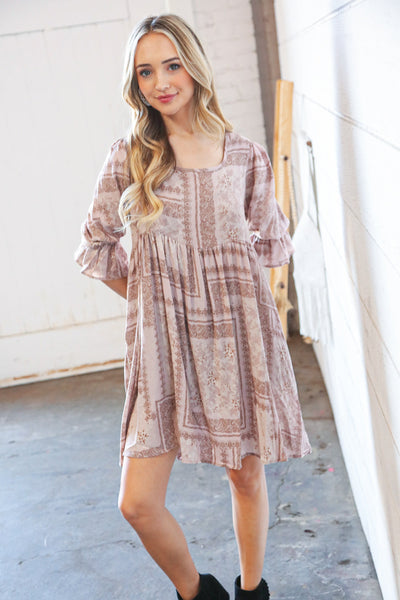 Beige Boho Floral & Paisley Back Lace-Up Sash Midi Dress