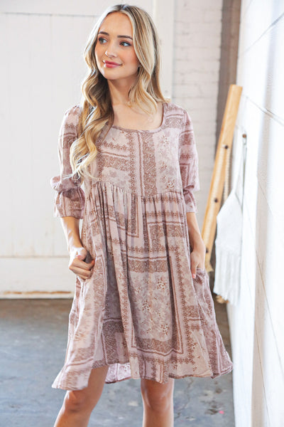 Beige Boho Floral & Paisley Back Lace-Up Sash Midi Dress