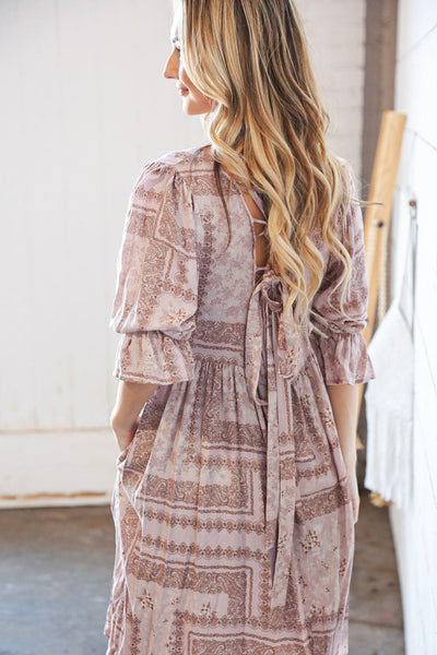 Beige Boho Floral & Paisley Back Lace-Up Sash Midi Dress