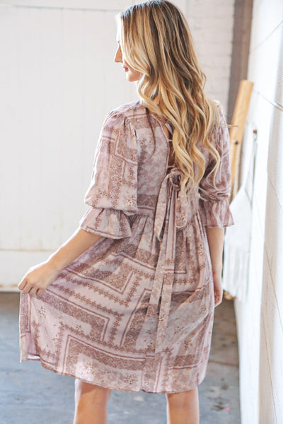 Beige Boho Floral & Paisley Back Lace-Up Sash Midi Dress