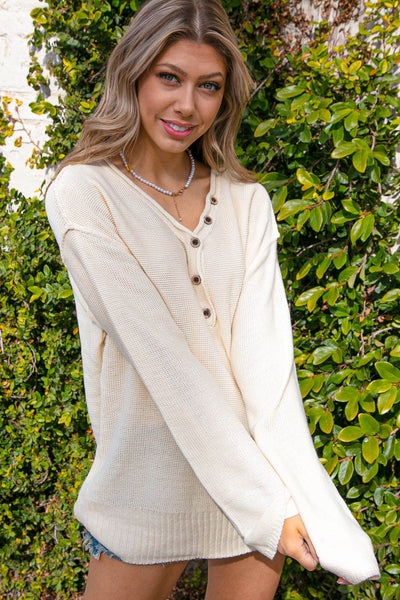 Oatmeal V Neck Button Down Outseam Oversized Sweater