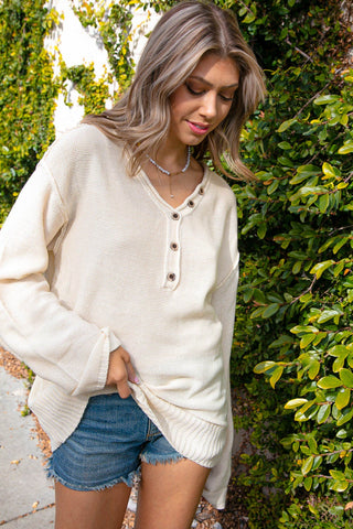 Oatmeal V Neck Button Down Outseam Oversized Sweater