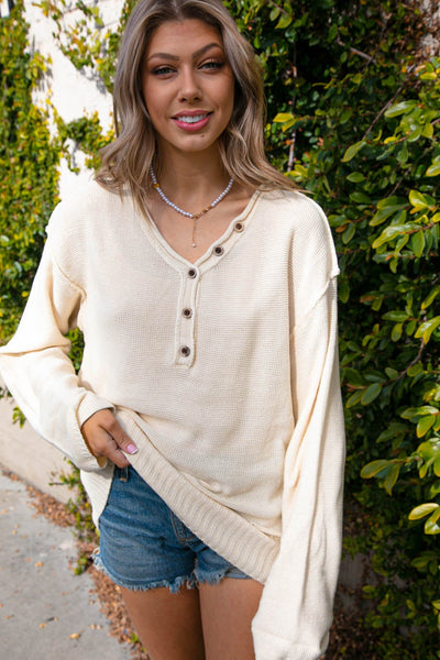 Oatmeal V Neck Button Down Outseam Oversized Sweater