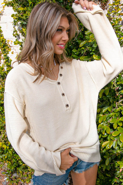 Oatmeal V Neck Button Down Outseam Oversized Sweater