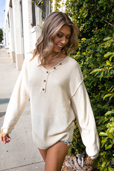 Oatmeal V Neck Button Down Outseam Oversized Sweater