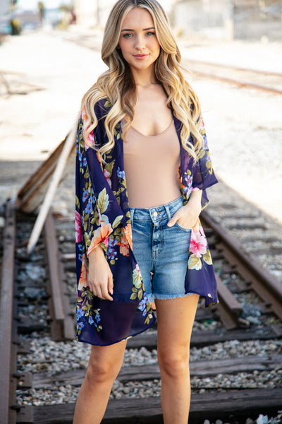 Navy Floral Print Chiffon Cover Up Kimono