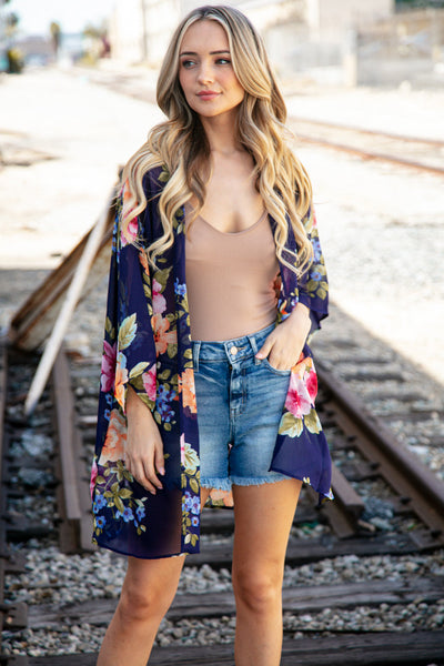 Navy Floral Print Chiffon Cover Up Kimono