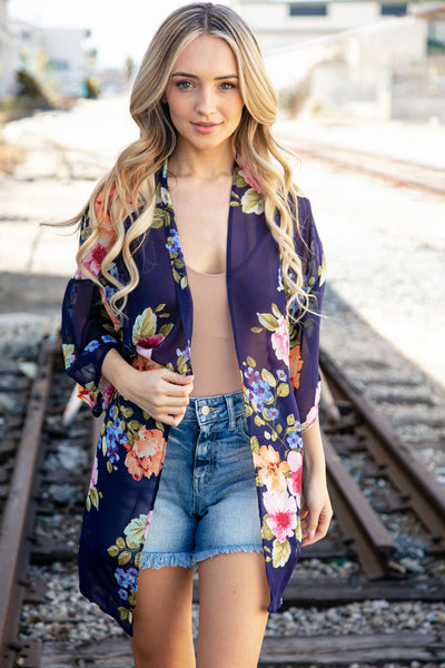 Navy Floral Print Chiffon Cover Up Kimono