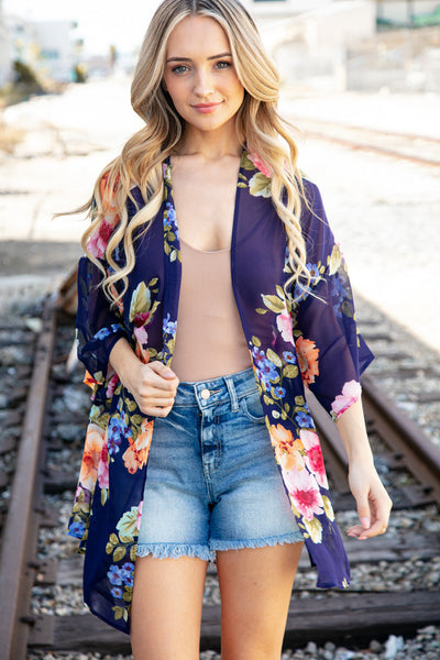 Navy Floral Print Chiffon Cover Up Kimono