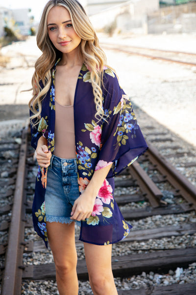 Navy Floral Print Chiffon Cover Up Kimono